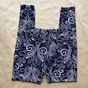 Navy Blue & White Paisley Like Print Ankle Length Leggings One Size